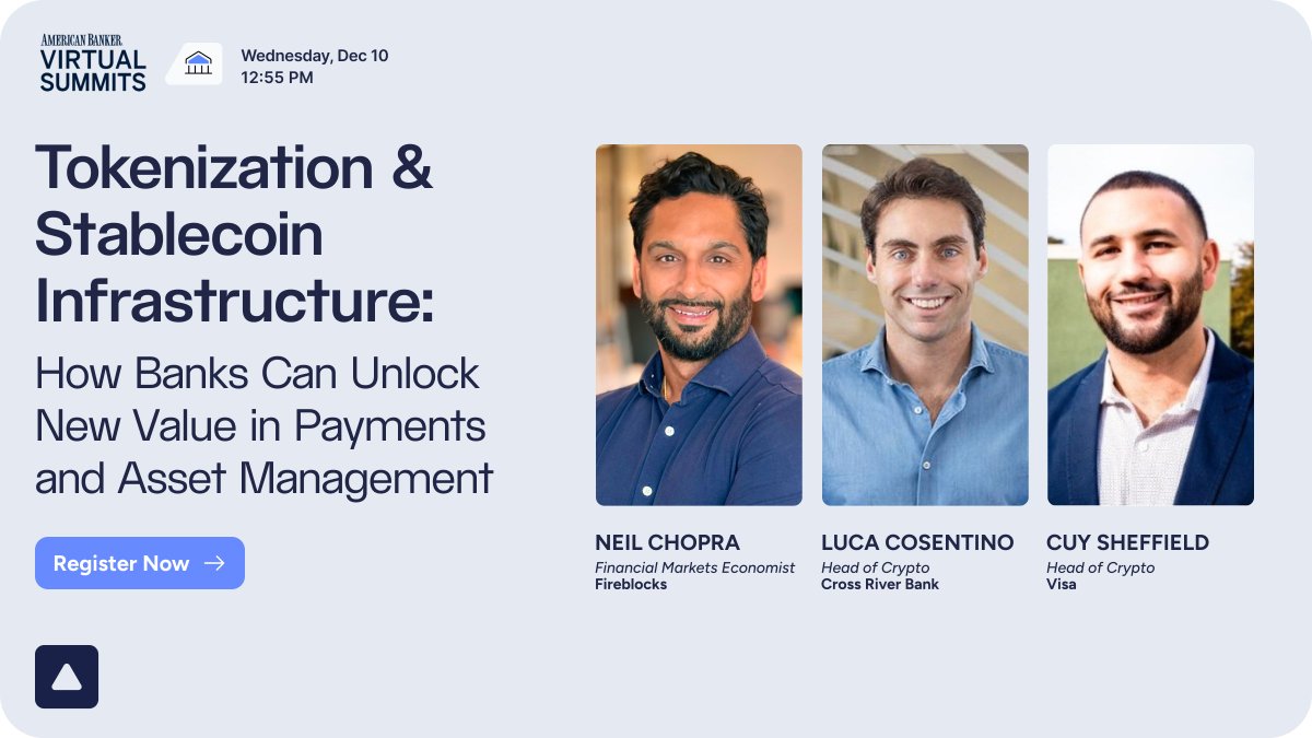 Next week at the @AmerBanker Virtual Summit, our Head of Crypto, Luca  Cosentino, will join industry leaders from @Visa and @FireblocksHQ to  explore integrating tokenized assets into banking operations and preparing  for