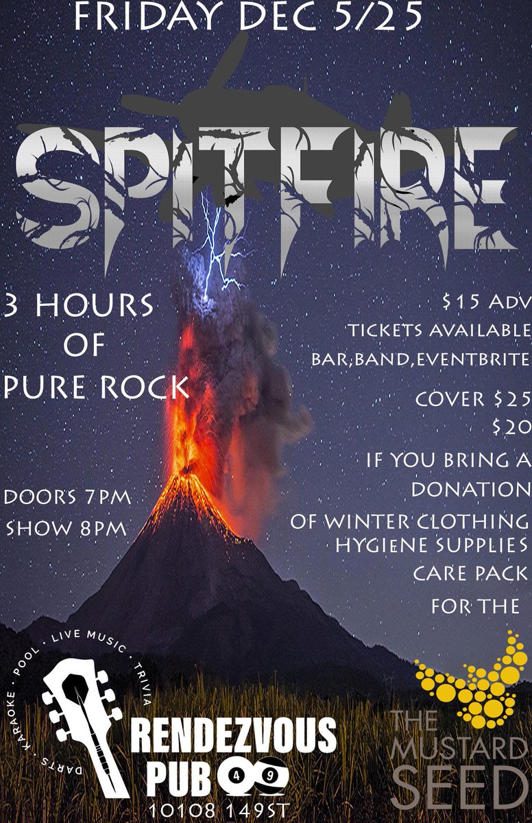 rendezvouspub49's tweet image. Tonight 3 Hours of Pure #rock with Spitfire for the @themustardseedyeg Doors 7 show 8pm 10108 149st #Yeg #rockandrollmusic #charity #beer #pubfood