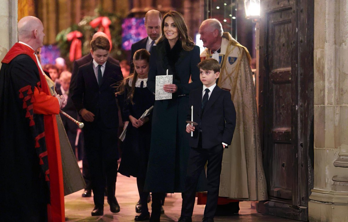 Katrnish's tweet photo. The Wales Family before leaving the Westminster Abbey. And can we appreciate how Prince Louis is owning that look!!! https://t.co/C8dcWzP7Z0