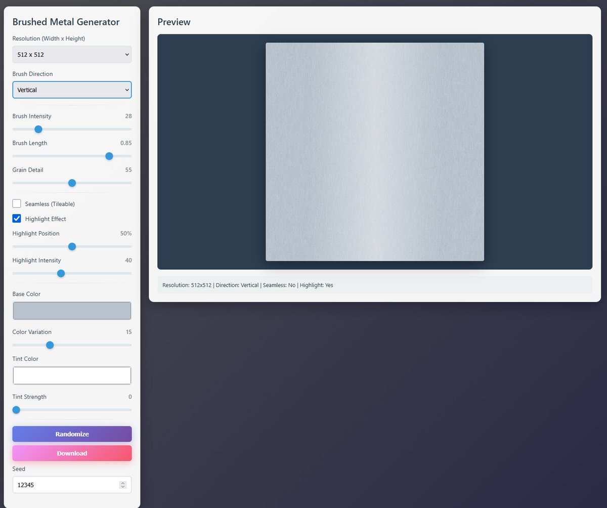 unitycoder_com's tweet image. Added new tool: Brushed Metal Texture Generator 
tools.unitycoder.com/BrushedMetalTe…