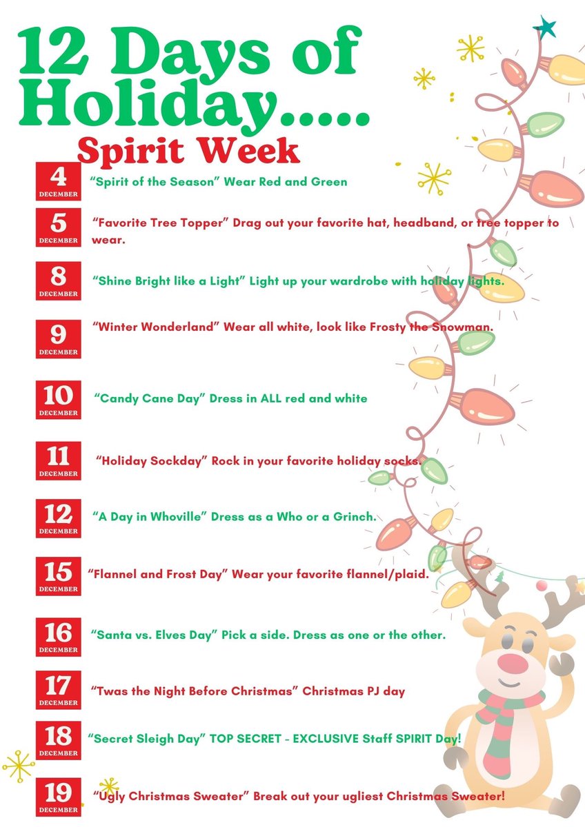 UPDATE - changes have been made to our 12 Days of Holiday Spirit Week…