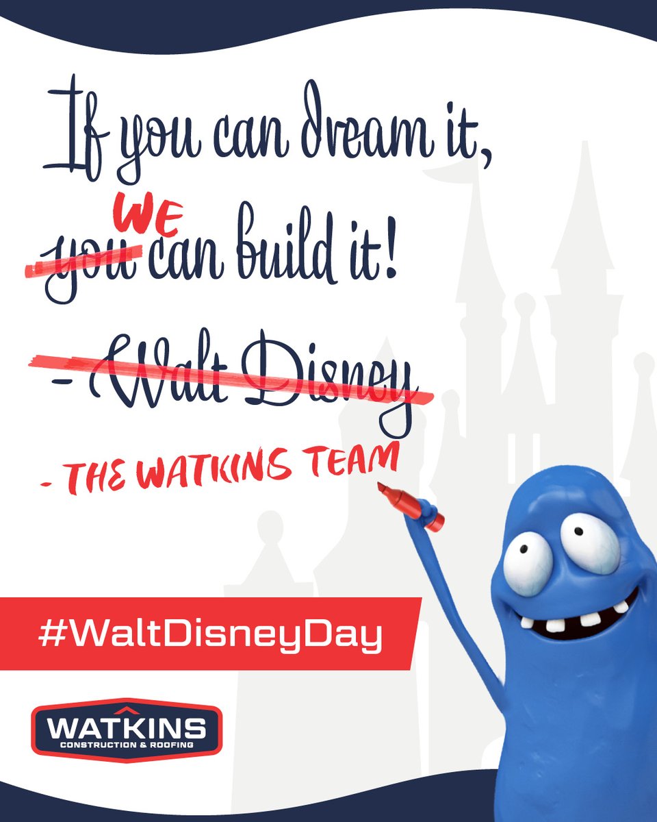 On #WaltDisneyDay, we’re inspired to dream big! At Watkins, our dream is simple but huge: make sure every home we visit has a quality roof, always provide reliable service, and make the process so easy it feels like magic. 🏰🏠

Dreaming of a home upgrade? Let’s make it happen!