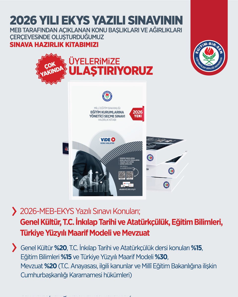 _aliyalcin_'s tweet photo. 🟢 “EKYS Hazırlık Kitabı” ile Üyelerimiz Yine Sendika Farkını  Yaşayacak

2026 MEB-EKYS yazılı sınavının konu başlıkları ve ağırlıkları açıklandı. Üyelerimizin sınav süreçlerine güçlü bir destek sunmak amacıyla hazırladığımız EKYS Hazırlık Kitabımız zengin içeriği ile yakında yayınlanıyor.

Üyelerimizin kariyer planlamalarına katkı sunmaya ve tüm sınav süreçlerinde yanlarında olmaya devam ediyoruz.

EBS EKYS Hazırlık Kitabı
Çok Yakında !