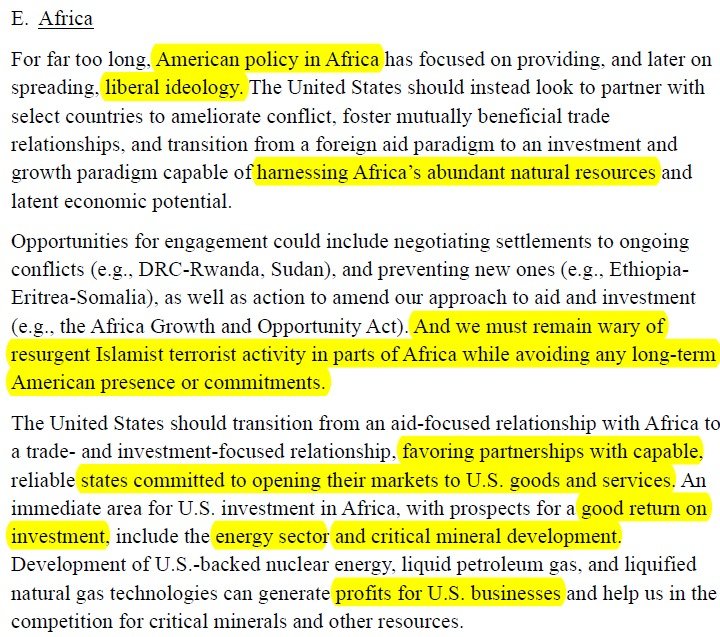 New US National Security Strategy for Africa :
- Liberal ideology (open markets to US goods and services),
- Islamist terrorist activities,
- Reducing military footprints,
- Good return on investment to US businesses,
- Energy and critical mineral sectors

whitehouse.gov/wp-content/upl…