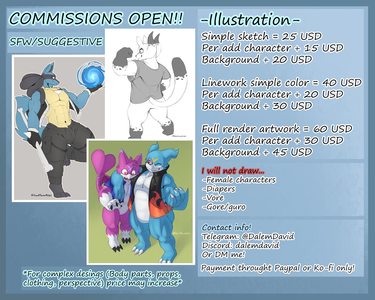 DavidDarient203's tweet image. Open commissions!!
I will have open slots until i have enough, as usual, so~ If you&apos;re interested, contact me by Telegram or discord, or just dm me! ^^
