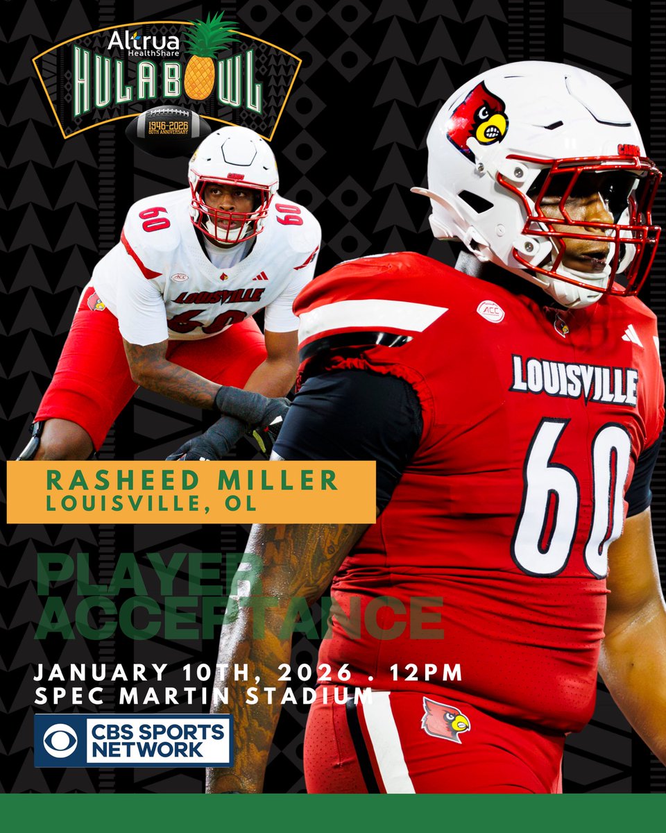 Next stop: Hula Bowl!!! <a href="/bigsheed60/">Sheed</a> has officially accepted his invite to the 2026 Altrua HealthShare Hula Bowl All-Star Game!! <a href="/LouisvilleFB/">Louisville Football</a>