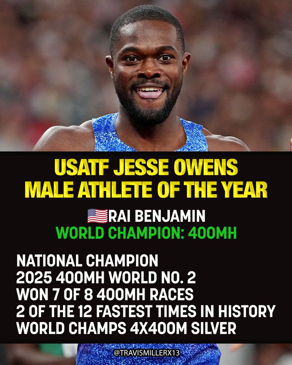 travismillerx13's tweet image. 🇺🇸Rai Benjamin wins the USATF Jesse Owens Male Athlete of the Year award. 🏆