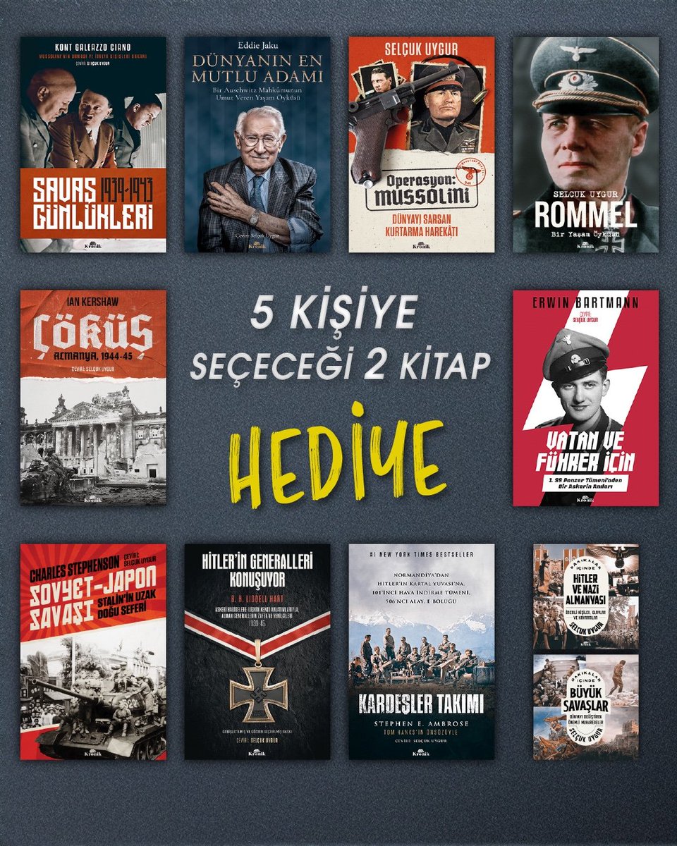 HEDİYE| 5 kişiye görselde yer alan İkinci Dünya Savaşı kitaplarından 2 tanesini hediye ediyoruz.

Yapmanız gerekenler:

- Bu paylaşımı retweet et ve beğen.
- <a href="/dunyasavaslarii/">Dünya Savaşları</a> ve <a href="/KronikKitap/">Kronik Kitap</a> hesaplarını takip et.
- Yorum kısmına en az iki arkadaşını etiketle.