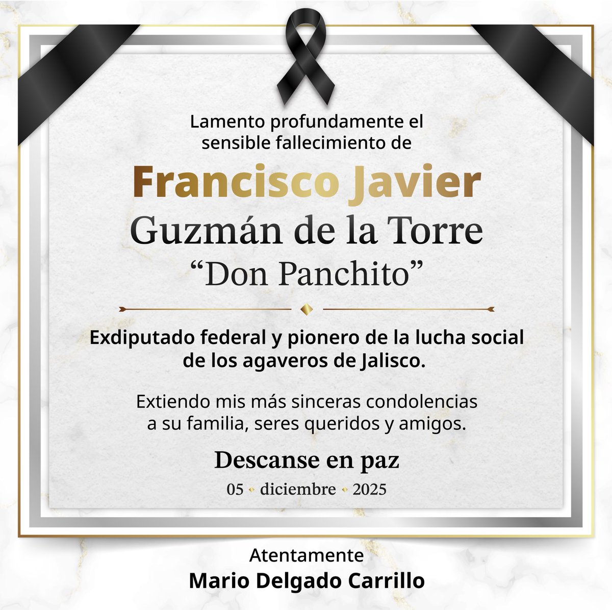 Mi más sentido pésame y sinceras condolencias a la familia, seres queridos y amistades de mi querido amigo Don Panchito, un gran diputado y luchador social.

Les deseo pronta resignación y que encuentren consuelo y fortaleza tras esta irreparable perdida.

Envío un abrazo