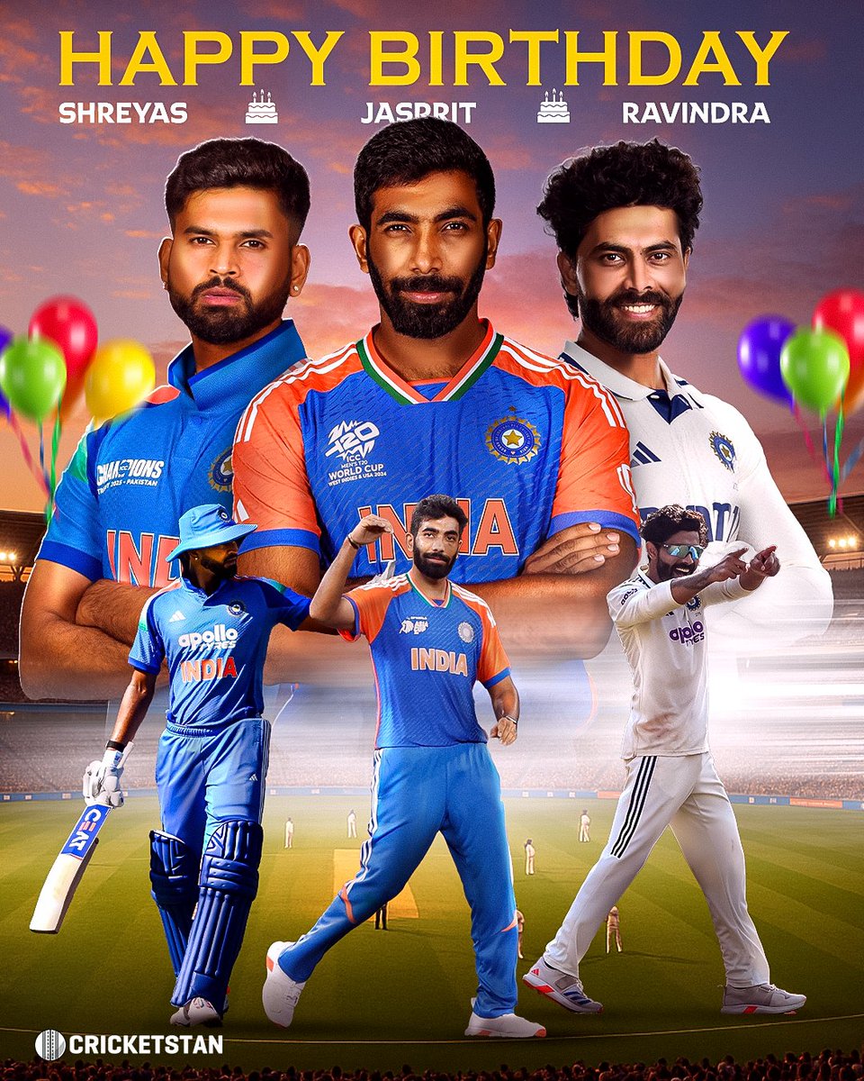 CricketStan's tweet photo. Happy Birthday to the fantastic trio Jasprit Bumrah, Ravindra Jadeja, and Shreyas lyer 🎂✨

#ShreyasIyer #JaspritBumrah #Ravindrajadeja𓃵 #TeamIndia #CricketNews #IndianCricket #ViratKohli #INDVSSAODI #Trending https://t.co/K15fYs3lhe