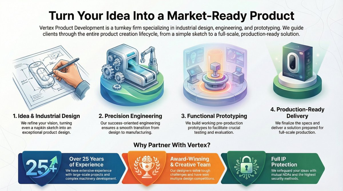Transforming a napkin sketch into a market-ready product requires more than just creativity, it demands a strategic, success-oriented process.

At Vertex Product Development, we specialize in bringing ideas to life, whether you have a "quick scribble on a napkin" or a detailed