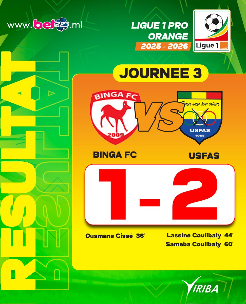 Championnat Professionnel Ligue 1 Mali (25/26) 

Résultat - Journée 3

L'USFAS renverse le Binga FC et l'emporte (1-2) au Stade Mamadou Konaté.