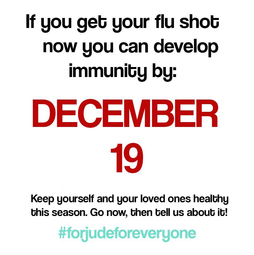 4jude4everyone's tweet photo. It takes up to 2 weeks to develop immunity from your #FluShot. Go today to help you and your loved ones have a happy, healthy holiday season! You can also reduce risk by staying home when unwell, wearing a mask, and washing hands often.

Spread cheer, not flu. #ForJudeForEveryone https://t.co/WFjcXuiChK