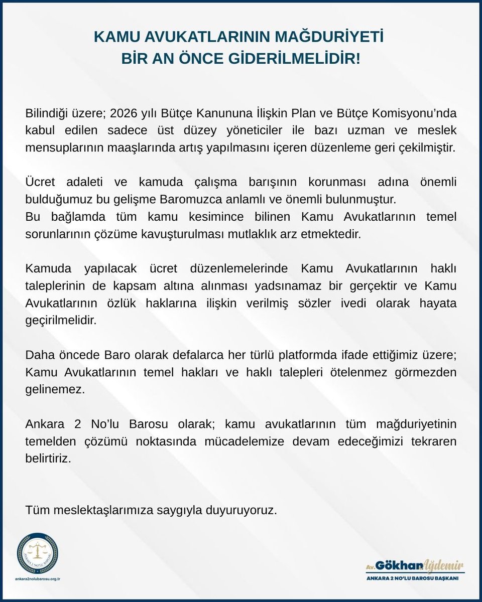 KAMU AVUKATLARININ MAĞDURİYETİ BİR AN ÖNCE GİDERİLMELİDİR!