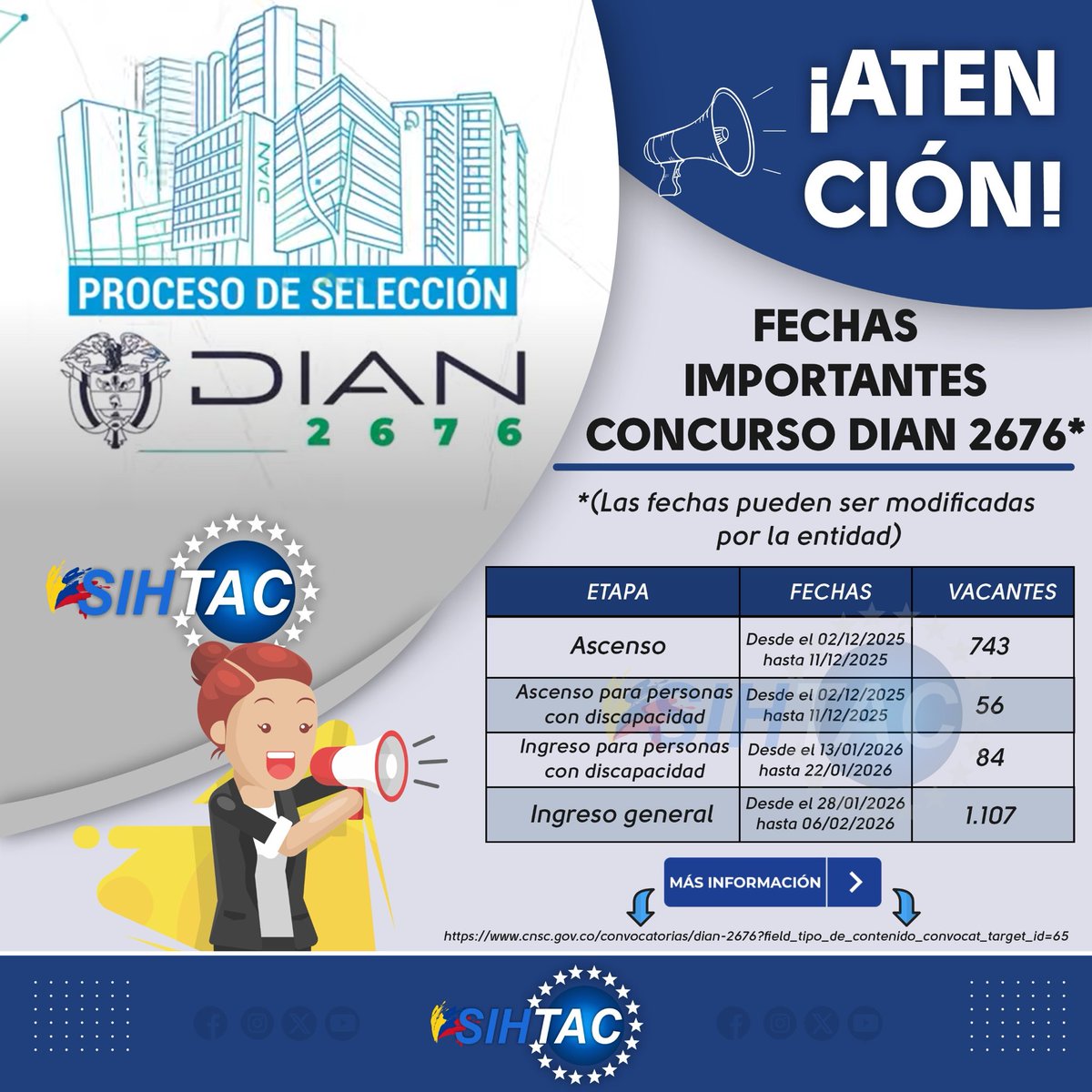 🚨 ¡ATENCIÓN, FAMILIA <a href="/Sihtac_Oficial/">Sihtac_Oficial</a> ! 🇨🇴✨

Ya están disponibles las fechas claves del Concurso <a href="/DIANColombia/">DIANColombia</a> 2676, y desde SIHTAC te acompañamos para que no te quedes por fuera de este proceso tan importante. 💼📄

🔵 Sihtac está contigo🤝✨

<a href="/CNSCColombia/">Comisión Nacional del Servicio Civil</a>