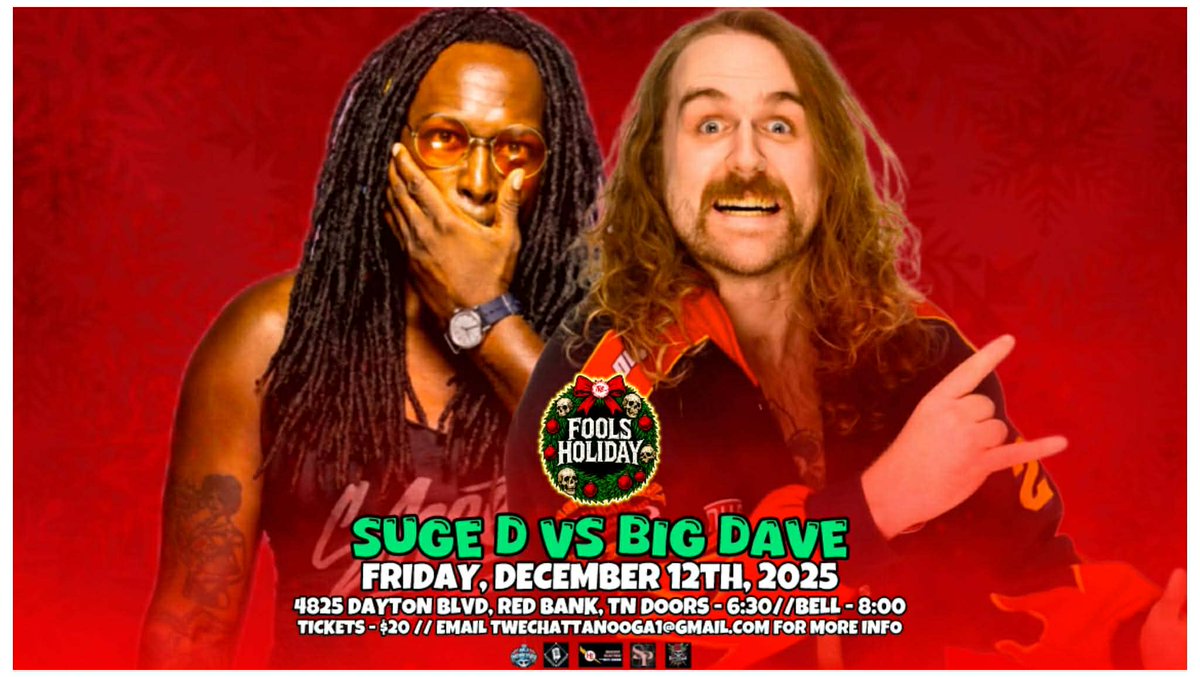 TWE_Chattanooga's tweet image. Join us for TWE "Fool's Holiday" on a special Friday 12/12

1 week from tonight!

2 more matches left to drop!
Lets announce another title match later today.

🎟 paypal- twechattanooga1@gmail.com