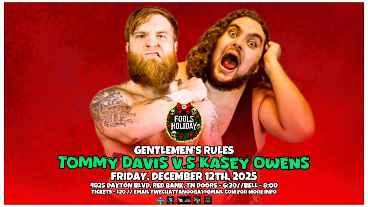 TWE_Chattanooga's tweet image. Join us for TWE "Fool's Holiday" on a special Friday 12/12

1 week from tonight!

2 more matches left to drop!
Lets announce another title match later today.

🎟 paypal- twechattanooga1@gmail.com