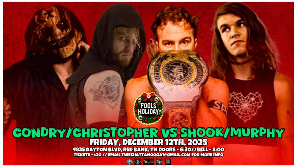 TWE_Chattanooga's tweet image. Join us for TWE "Fool's Holiday" on a special Friday 12/12

1 week from tonight!

2 more matches left to drop!
Lets announce another title match later today.

🎟 paypal- twechattanooga1@gmail.com