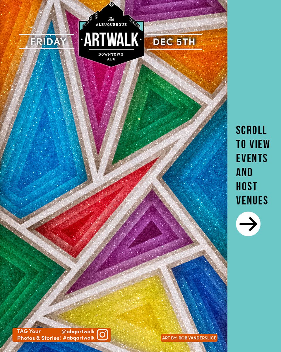 ABQartwalk's tweet photo. TONIGHT IS ABQ ARTWALK 🔥
Pick up this month’s Rob Vanderslice Artwalk Map at participating locations or online. Expect a night filled with holiday markets across downtown, new art exhibits, performances, and late-night shopping vibes 🎁

ABQ Artwalk • Tonight • 5–9pm https://t.co/ZX7EwoE00U