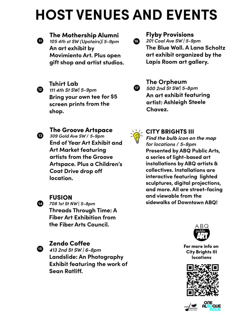 ABQartwalk's tweet photo. TONIGHT IS ABQ ARTWALK 🔥
Pick up this month’s Rob Vanderslice Artwalk Map at participating locations or online. Expect a night filled with holiday markets across downtown, new art exhibits, performances, and late-night shopping vibes 🎁

ABQ Artwalk • Tonight • 5–9pm https://t.co/ZX7EwoE00U