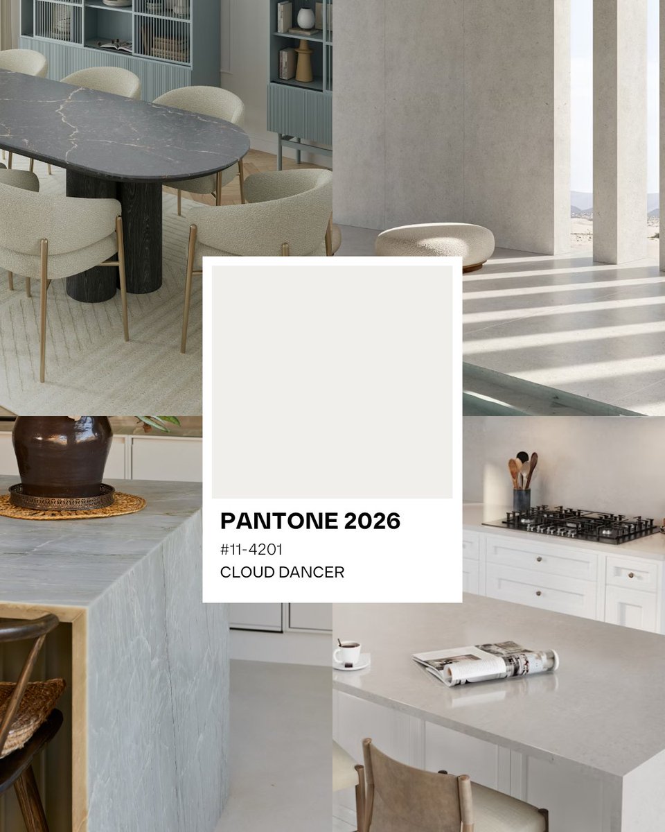 CosentinoCanada's tweet photo. Pantone’s 2026 Colour of the Year is here ☁️ Cloud Dancer ☁️ soft, uplifting, and full of calm energy.
Our Cosentino surfaces bring balance, depth and sophistication, perfect companions for a space defined by clarity and quiet luxury. https://t.co/6HZd25PAWO