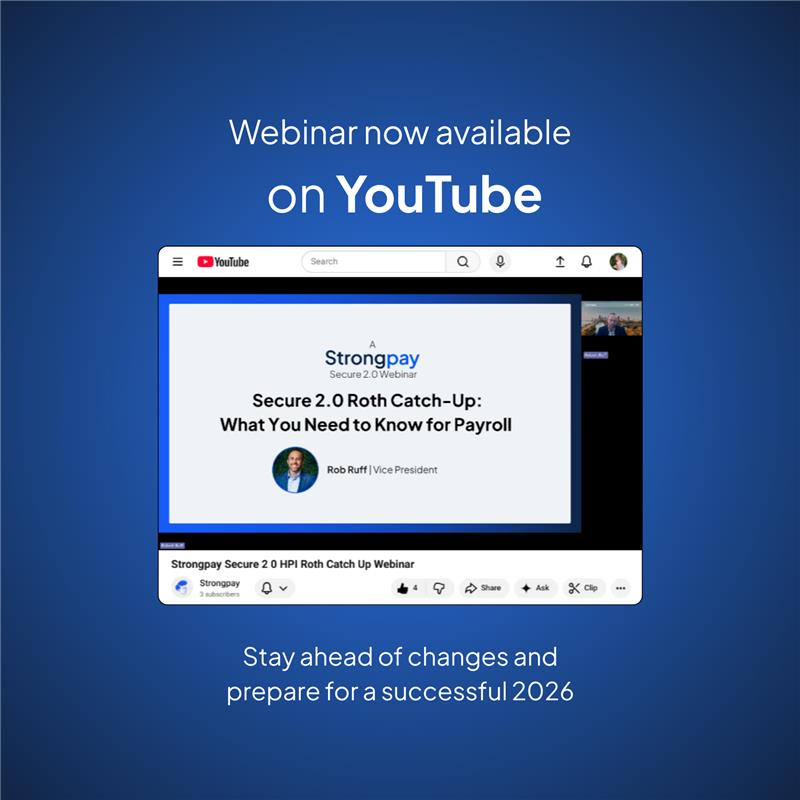 StrongpayPay's tweet photo. Our SECURE 2.0 Roth Catch-Up Webinar is now live on YouTube!

In this session, we break down a key SECURE 2.0 change requiring certain higher-earning employees (HPIs) to make age-50 catch-up contributions as Roth starting in 2026. You will learn who’s impacted, how Strongpay automatically handles HPI identification and deferrals in payroll, and how you can prepare for a smooth transition.

Watch now to stay ahead of the changes and prepare with confidence: https://t.co/Dddij2dKjy

#PayrollYourWay #StrongerTogether #MakingRetirementWorkForEveryone