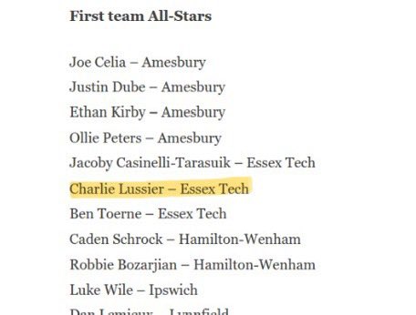 Lussier1Charlie's tweet photo. Cape Ann league awards - DPOTY, first team all star - junior year.💯 https://t.co/kBh7L9dvJi