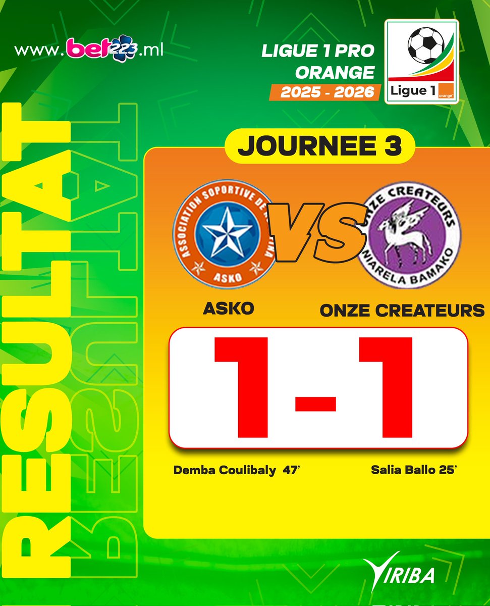 Championnat Professionnel Ligue 1 Mali (25/26) 

Résultat - Journée 3

Au Stade Salif Keita de Kati, l'ASKO et les Onze Créateurs se sont séparés sur nul (1-1).
