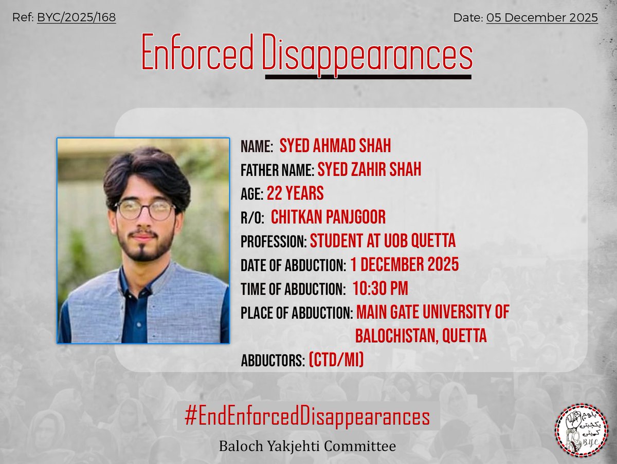 𝗘𝗻𝗱 𝗘𝗻𝗳𝗼𝗿𝗰𝗲𝗱 𝗗𝗶𝘀𝗮𝗽𝗽𝗲𝗮𝗿𝗮𝗻𝗰𝗲𝘀!

#EndEnforcedDisappearances
#StopBalochGenocide