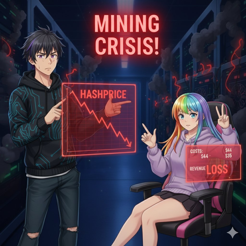 Knispel1287's tweet photo. 🚨 Mining Crisis! 🚨
Despite stable BTC (93,000), Hashprice is crashing.
Down from 55 (Q3) to just 35! Problem: operational costs are $44.
The math no longer works!
Upgrades are now survival strategy!
How are you managing costs?
#MiningCrisis #Hashprice #Bitcoin #Analysis https://t.co/qshBqIWeXT