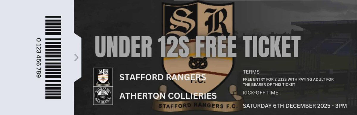 SRFCofficial's tweet image. THIS SATURDAY’S HOME GAME!

For our match against Atherton Collieries, Stafford Rangers FC are offering FREE entry to all u12s when accompanied by one full-paying adult! 

To gain entry, please show or print off the ticket below.
We need all your support and noise as we look to…