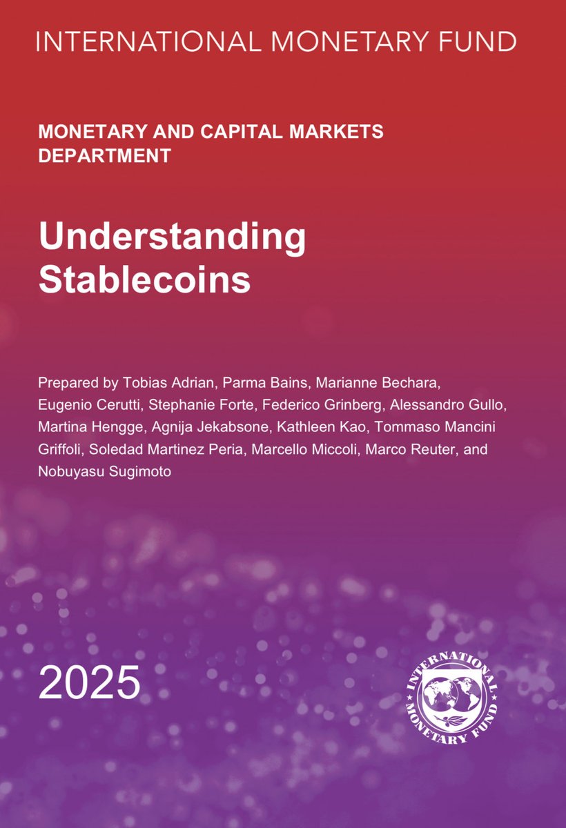 قبل يومين قرات مجلد من صندوق النقد الدولي  بعنوان Understanding stablecoins ملخص منقح، 

ما هي فكرة العملات المستقرة باختصار؟
1.إيش هي أصلاً؟
عملات مستقرة = مثل دولار رقمي مربوط بالدولار الحقيقي، وغالباً يكون مدعوم بأذون خزانة أمريكية (T-Bills).
2.مين يربح منها؟
•أنت تمسك العملة