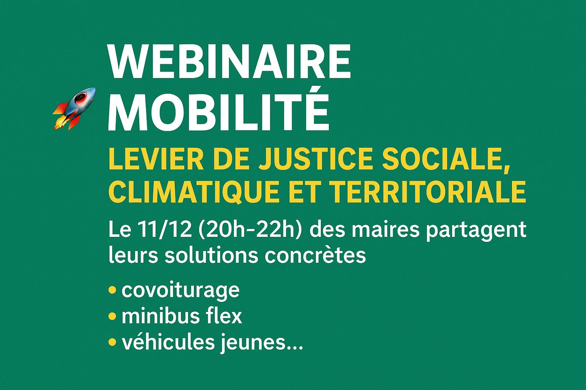 🚀 WEBINAIRE Mobilité : levier de justice sociale, climatique et territoriale.
Le 11/12 (20h–22h), des maires partagent leurs solutions concrètes : covoiturage, minibus flex, véhicules jeunes…
🔗 Inscription : leprintempsdesmaires.fr/2025/11/28/11-…
#PrintempsDesMaires