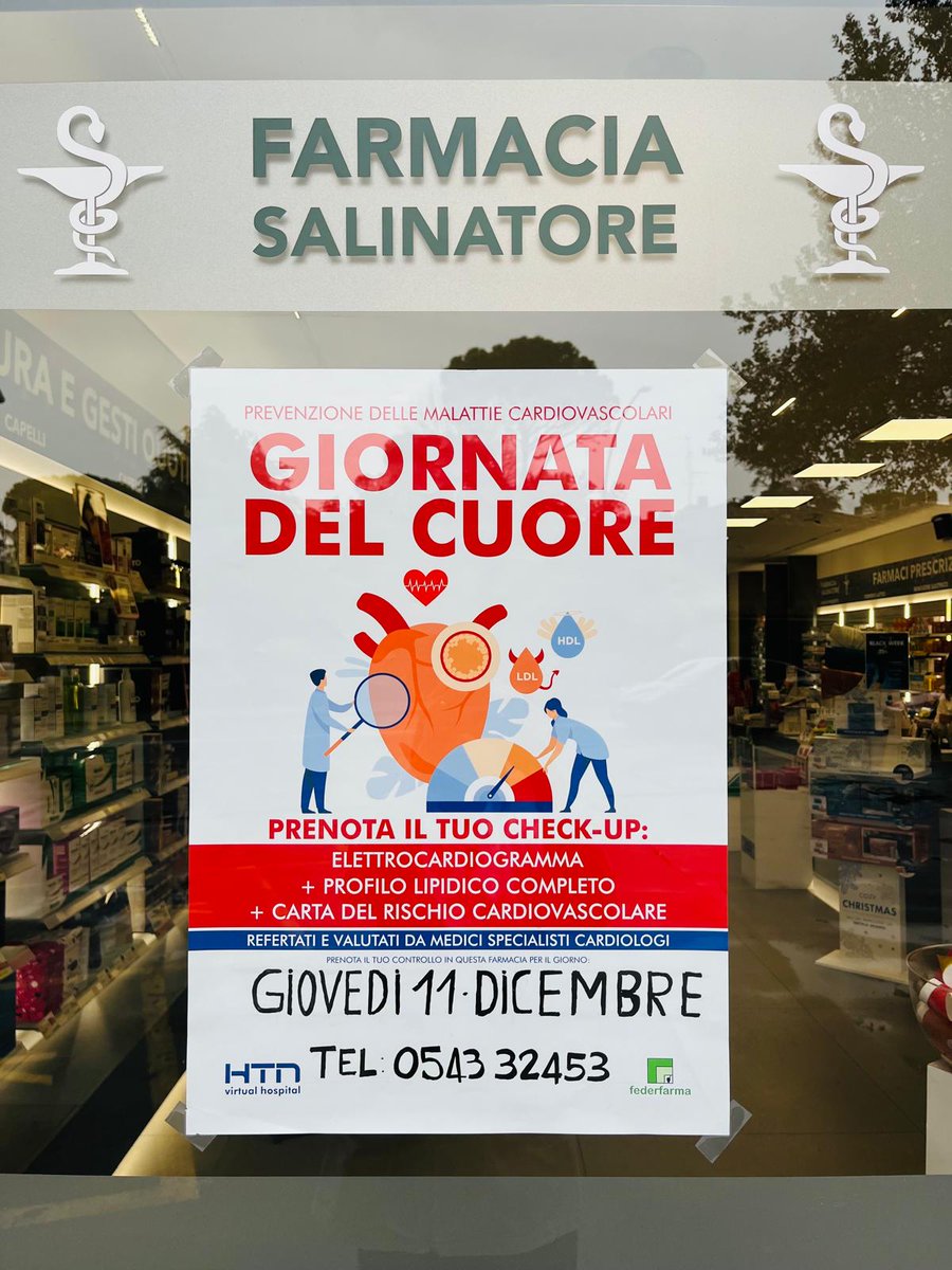 HTN_Telmed's tweet photo. Nuova Giornata del Cuore insieme alla telemedicina di HTN Virtual Hospital.
L'appuntamento è per giovedì 11 dicembre, presso la Farmacia Salinatore a Forlì, in Via Livio Salinatore, 10.
Prenota subito il tuo esame ECG al numero 0543 32453!
.#telemedicina #HTN #prevenzione #forli https://t.co/dT7beKZoNM