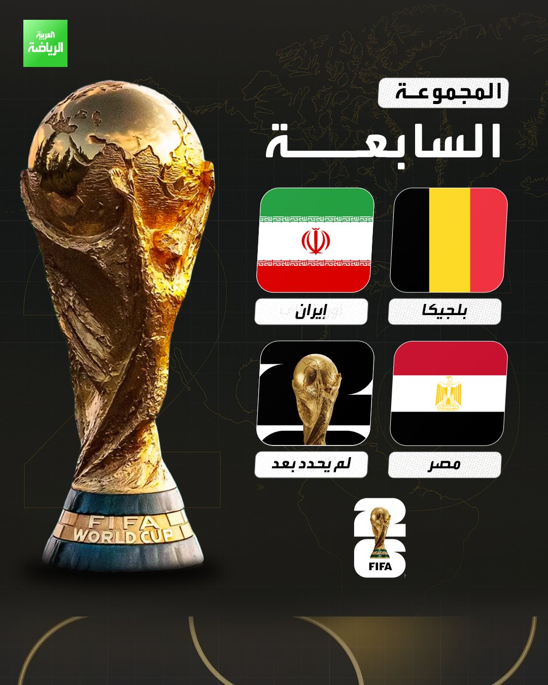 قرعة كأس العالم 2026. المجموعة السابعة: 1 بلجيكا. 2 إيران. 3 مصر. 4 