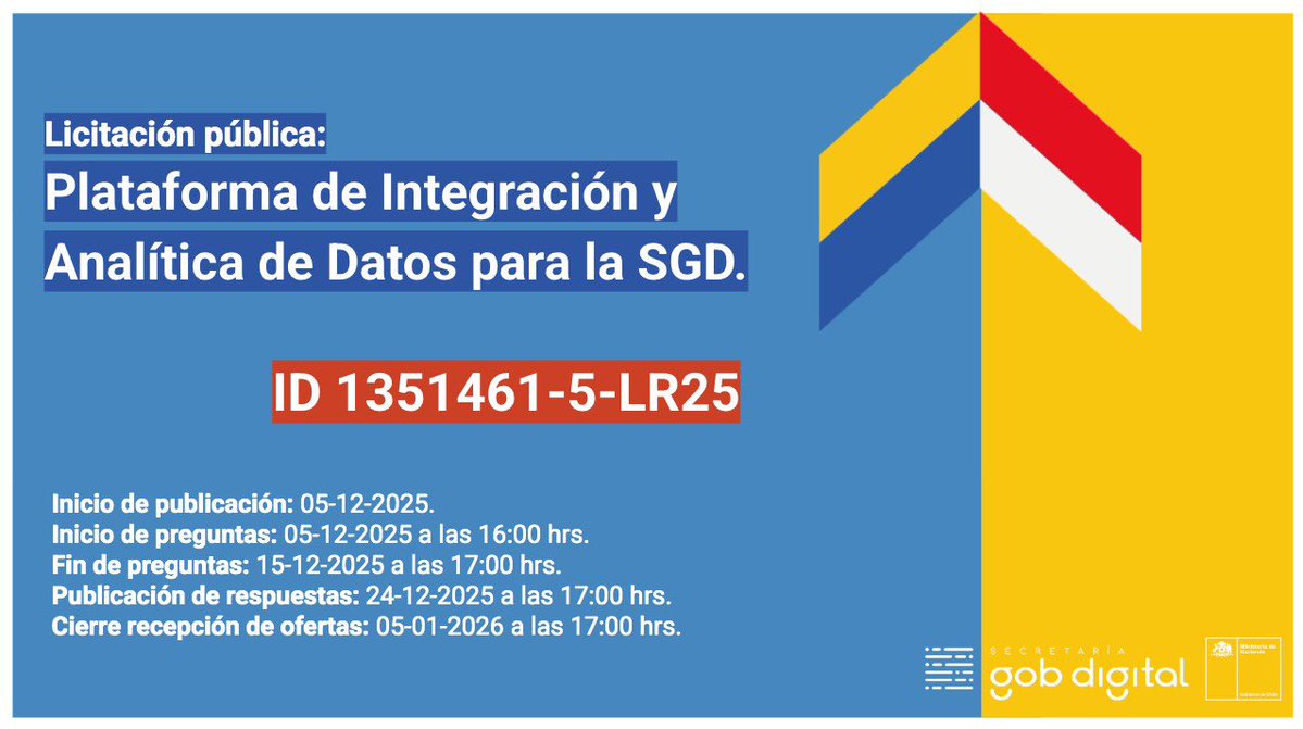 📢 ¡Atención proveedores!

Ya está disponible la licitación pública “Plataforma de Integración y Analítica de Datos para la Secretaría de Gobierno Digital”.

🗓️ Recepción de ofertas hasta el 5 de enero de 2026.

🔗 Más información y bases aquí:
mercadopublico.cl/Procurement/Mo…