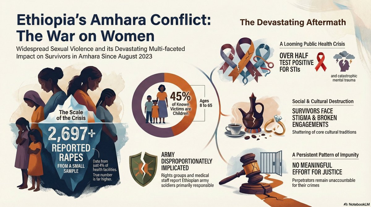 HOAAffairs's tweet image. A "forgotten war" is devastating women’s lives in Ethiopia’s Amhara region. Since conflict erupted between the army and Fano militias in August 2023, thousands of women and girls, some as young as 8,have been subjected to sexual violence. #Ethiopia #AmharaGenocide…