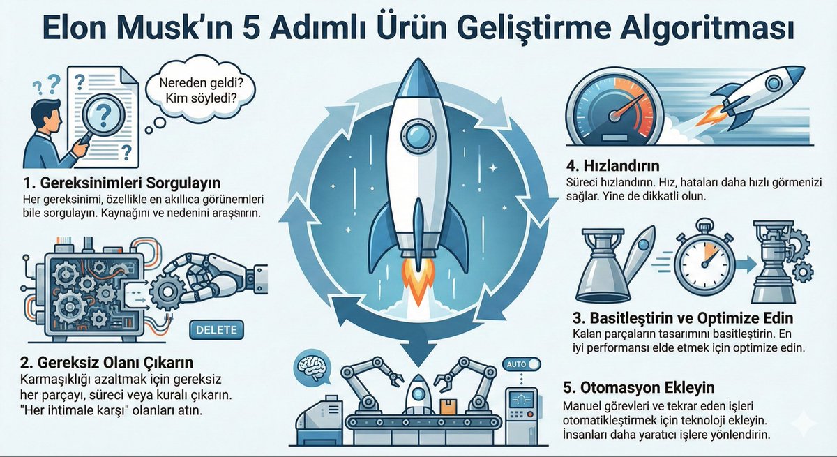 Ürün geliştirmeyle ilgileniyorsanız Elon Musk’ın şu 5 adımlı sistemini takip etmeniz epey fayda sağlayacaktır.

1. İsteklerin çoğu gereksizdir. Sorgulayın.
2. Gereksiz tüm parçaları çıkarın.
3. Basitleştirin. Anlaşılır kılın ve optimize edin.
4. Cycle time ı kısaltın (3 maddenin