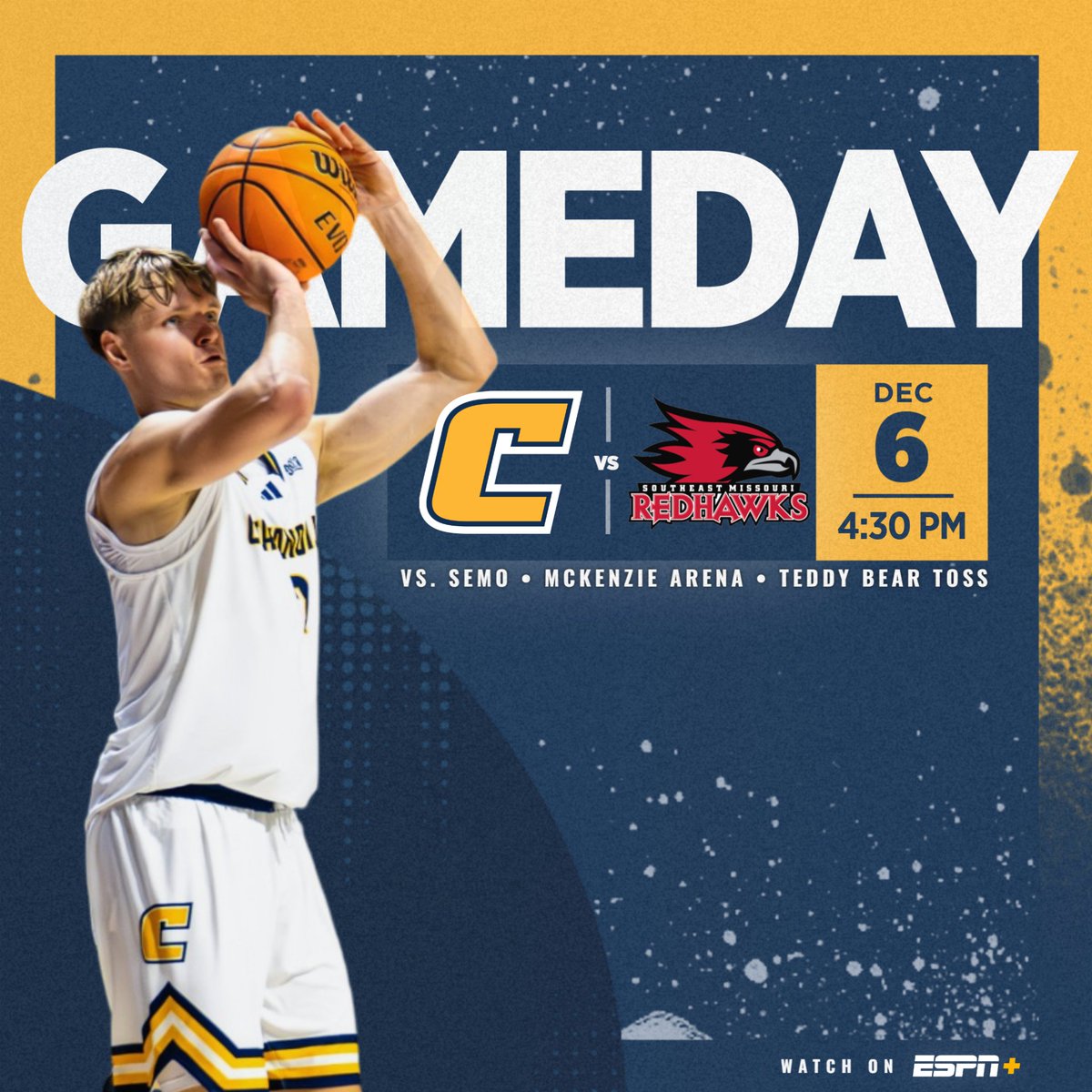 GoMocsMBB's tweet image. Time to bounce back 💪

🆚 SEMO
🕟 4:30 p.m. (ET)
🏟️ McKenzie Arena
📺 Watch on ESPN+/WFLI-TV (Nexstar)
📊 Follow/Listen at GoMocs.com
🎟️ gomocs.com/news/2025/12/5…

🧸 Teddy Bear Toss Game (supporting Children&apos;s Hospital at Erlanger)

#GoMocs