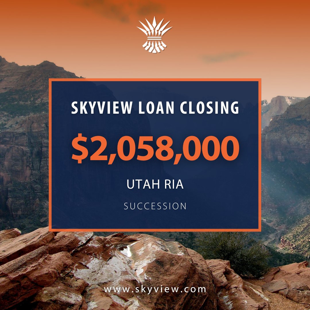 This week’s momentum continues! SkyView facilitated $2,058,000 in financing to support a Utah RIA's internal succession. 

If you’re evaluating succession options or exploring financing for your own transition, start with a no-obligation pre-approval: skyview.com/pre-approval-q…
