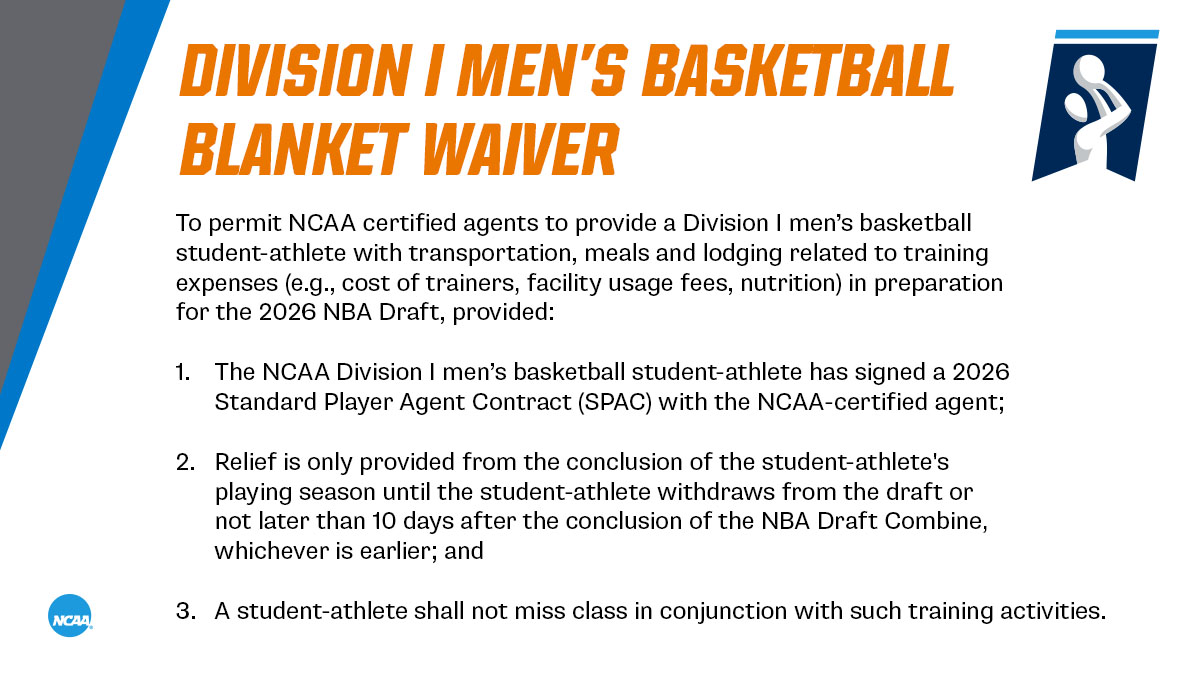 NCAACompliance's tweet image. At the recommendation of the NCAA Division I Men's Basketball Oversight Committee, the NCAA governance and member services staff approved the below legislative relief blanket waiver.