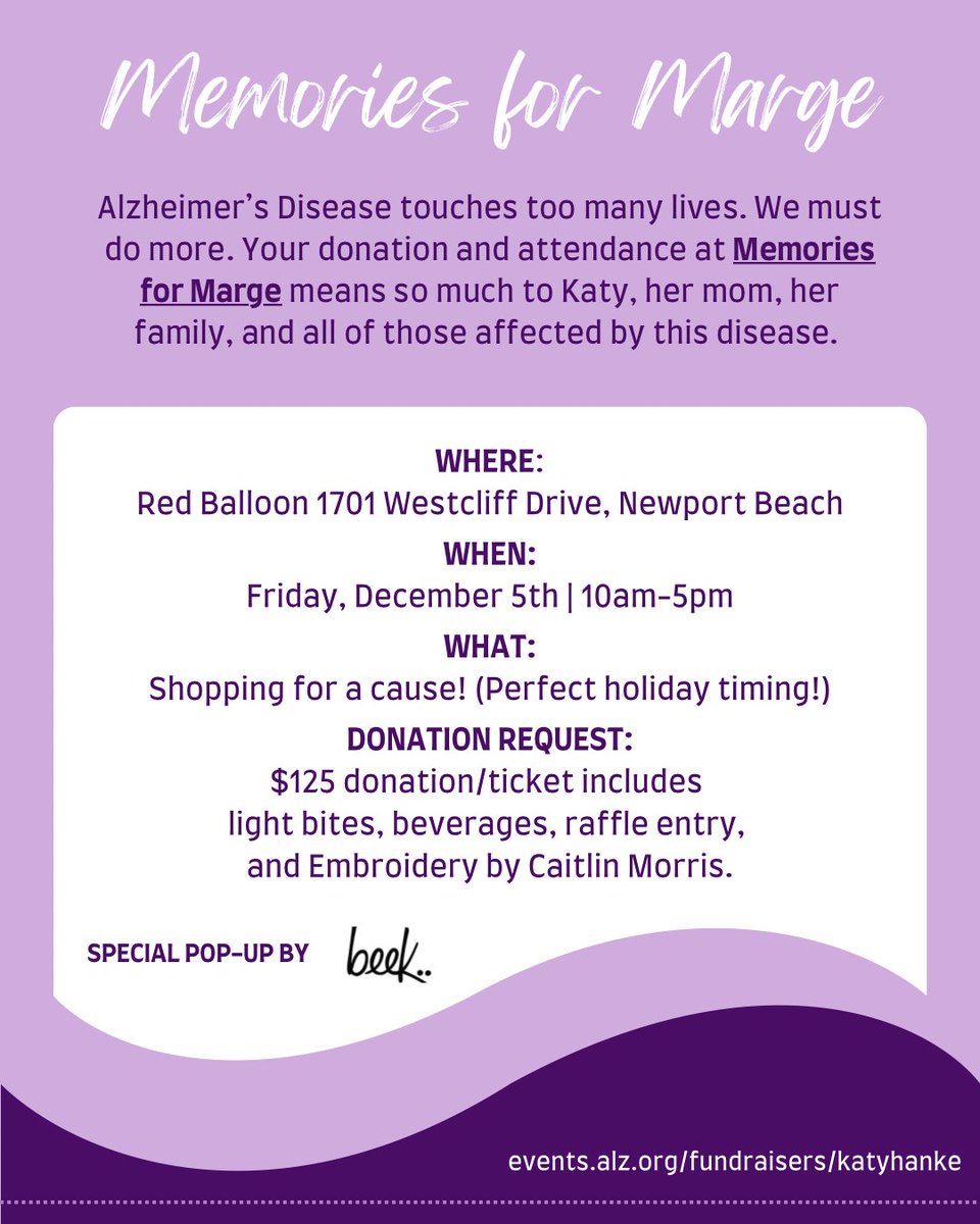 endalzoc's tweet photo. 💜 Shop for a cause at The Red Balloon today in #NewportBeach! Memories for Marge is in full swing. Jumpstart your holiday shopping & support the @alzassociation. A portion of proceeds will be donated. 🛍️✨ #ENDALZ #ENDALZOC #ShopForACause https://t.co/2zqtpNlNmA