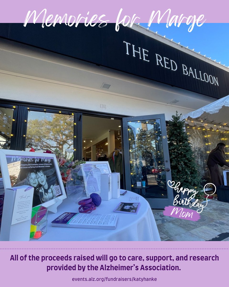 endalzoc's tweet photo. 💜 Shop for a cause at The Red Balloon today in #NewportBeach! Memories for Marge is in full swing. Jumpstart your holiday shopping & support the @alzassociation. A portion of proceeds will be donated. 🛍️✨ #ENDALZ #ENDALZOC #ShopForACause https://t.co/2zqtpNlNmA