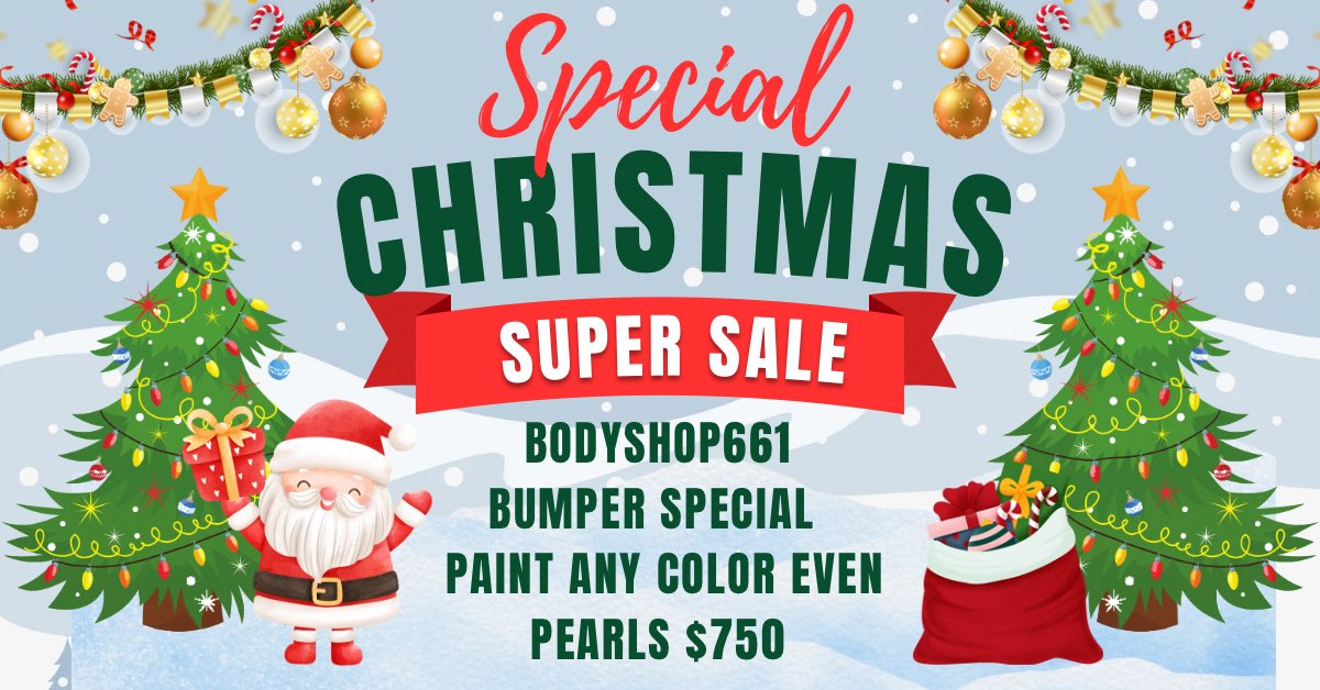 BodyShop661Auto's tweet image. 🎄 BODYSHOP661 CHRISTMAS SPECIAL 🎄

BUMPER REPAINT – ANY COLOR
(Standard or Pearl)

ONLY $750

✨ Special Available Until Christmas!
Book before Christmas and I’ll honor the $750 price, even if your appointment ends up being scheduled after the holidays.