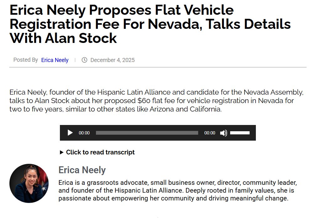 VictorJoecks's tweet photo. AD9 candidate @Neely4Nevada calls for a flat vehicle registration fee.

A terrific idea. 

https://t.co/lPdC8dEzGr https://t.co/jj5fdxV5O3