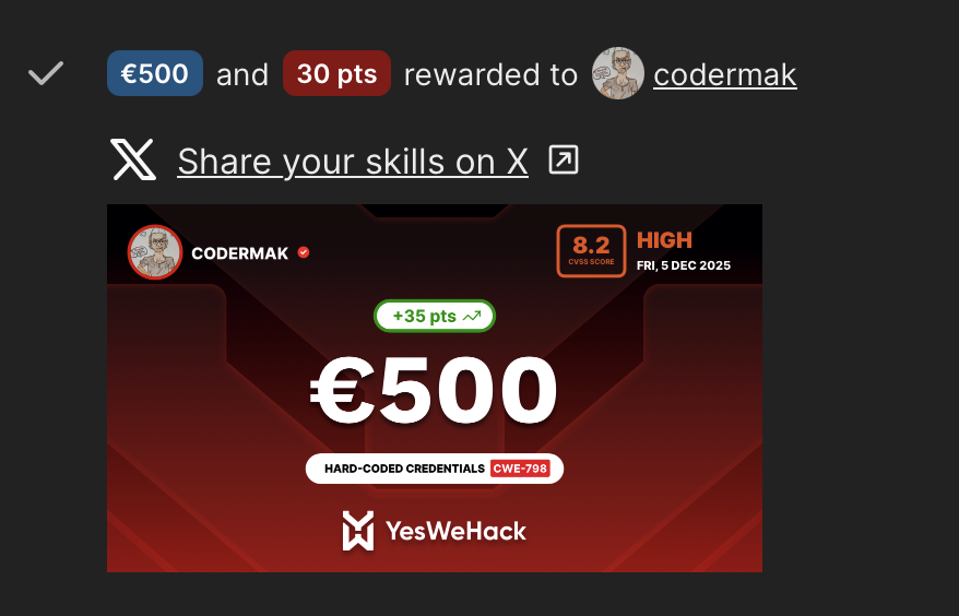 arshadkazmi42's tweet photo. Just got 500 EUR bounty on @yeswehack
Employee Github token exposure (due to Shai-hulud attack) in public GitHub repository found using https://t.co/FhRmB6BujZ
#iScanToday https://t.co/u5dS41iZih