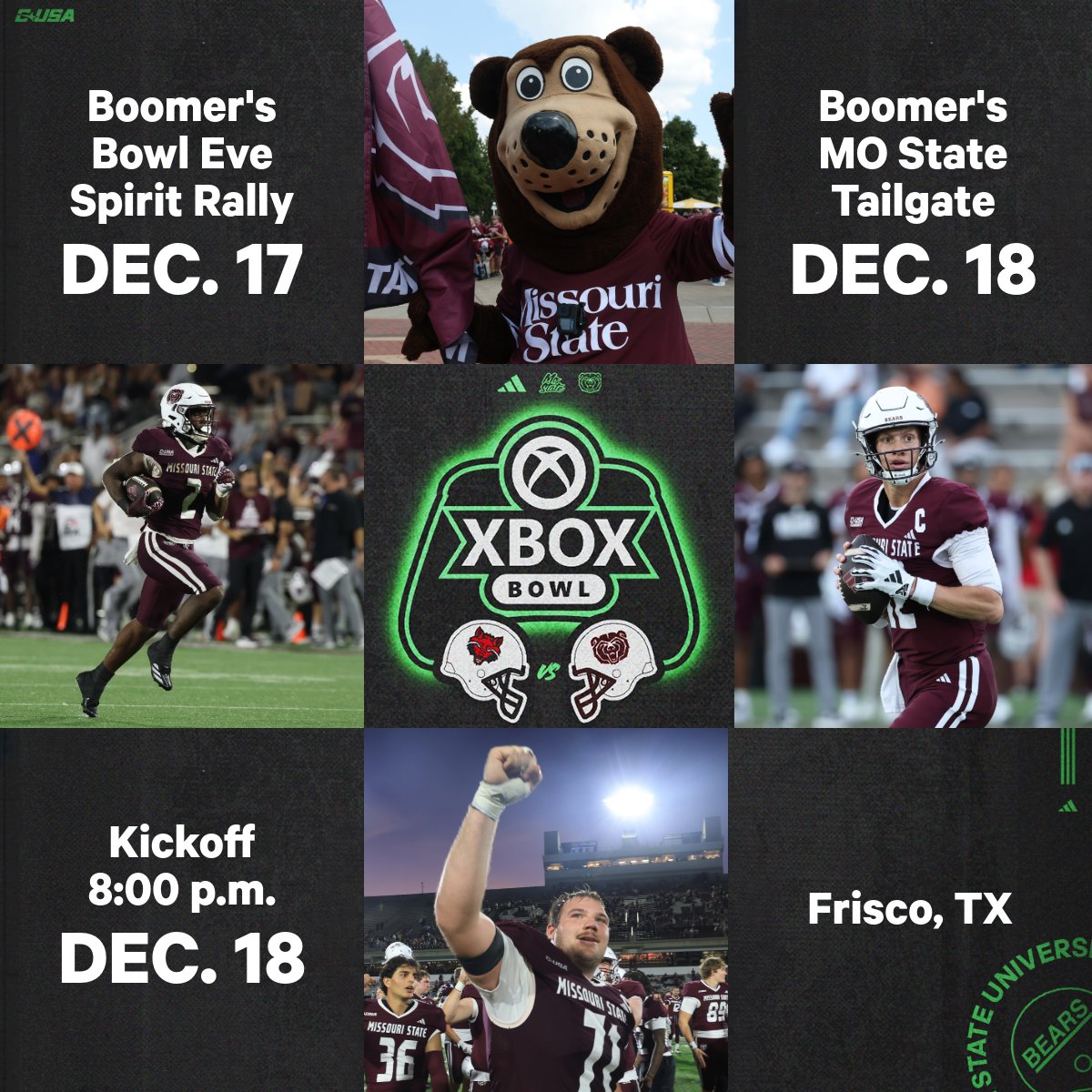 Boomer is taking a trip to Frisco to see <a href="/MoStateFootball/">Missouri State Football</a> play in the Xbox Bowl! Save the date Dec. 17 for a Bowl Eve Spirit Rally, PLUS a tailgate on Dec. 18. Details are coming soon. 

Game tickets are available at bit.ly/3Y8xBv5