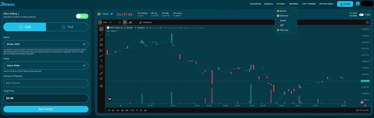 BitopexIO's tweet photo. 🚨 NEW ASSET LIVE ON BITOPEX 🚨
PAX Gold (PAXG) Options are officially available for trading! 🟡✨

You can now hedge, speculate, or build premium-selling strategies directly on tokenized gold - with the same smooth options experience you know from BTC, ETH, SOL & XRP.

Gold volatility meets crypto execution.
A new market just opened. ⚡

➡️ Start trading PAX Gold options on Bitopex!

#PAXG #Gold #CryptoOptions #Bitopex #OptionsTrading