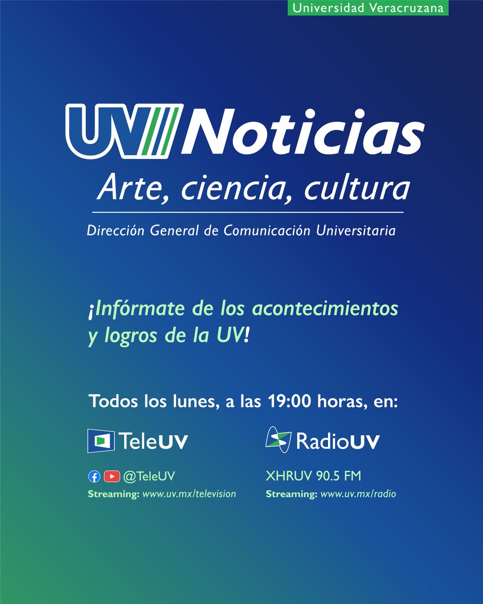 UVeracruzanaMx's tweet photo. Recuerda que cada lunes tienes una cita en #UV_Noticias, uno de los noticieros de la UV que te informa sobre el quehacer universitario. 📰🗞

🔵Síguelo en punto de las 19:00 horas, por Tele UV y Radio UV. https://t.co/snn4BJQx6r