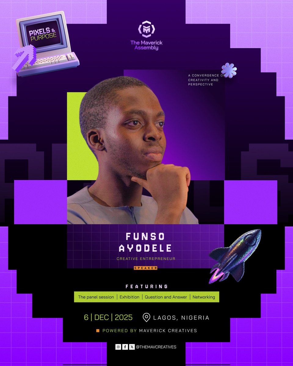 FINAL SPEAKER REVEAL

We’re not here to pamper creativity.
We’re here to shake tables — so we brought someone who does just that.

Funso Ayodele.
Sharp. Honest. Unfiltered.

Brace yourself. Pixels &amp; Purpose is about to get extra real.

#pixelsandpurpose #themaverickassembly